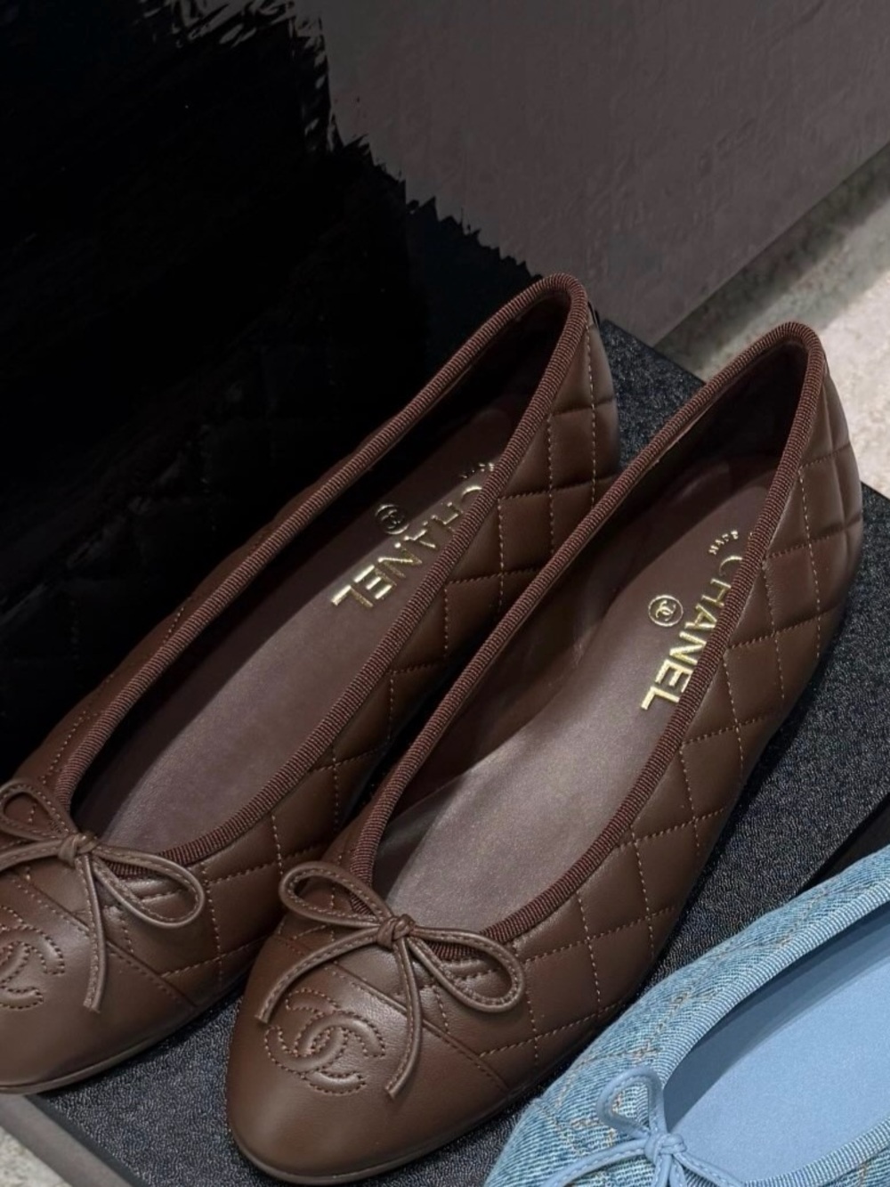 CHANEL Brown Quilted Leather Ballet Flats New in box